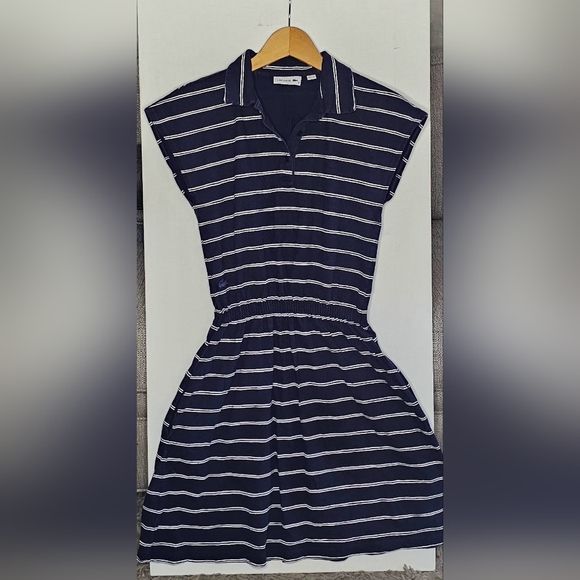 Women's Lacoste Blue White Striped Cap Sleeve Polo Dress Size Small - Picture 1 of 2